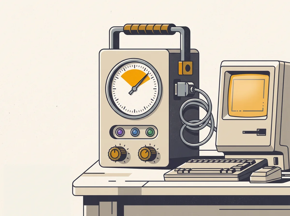 Vintage diagnose-apparaat met wijzerplaat, aangesloten op een retro-computer.