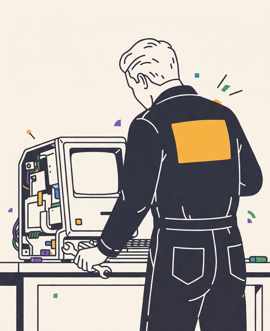 Monteur in overall, van achteren gezien, gebogen over een retro-computer op de werkbank.